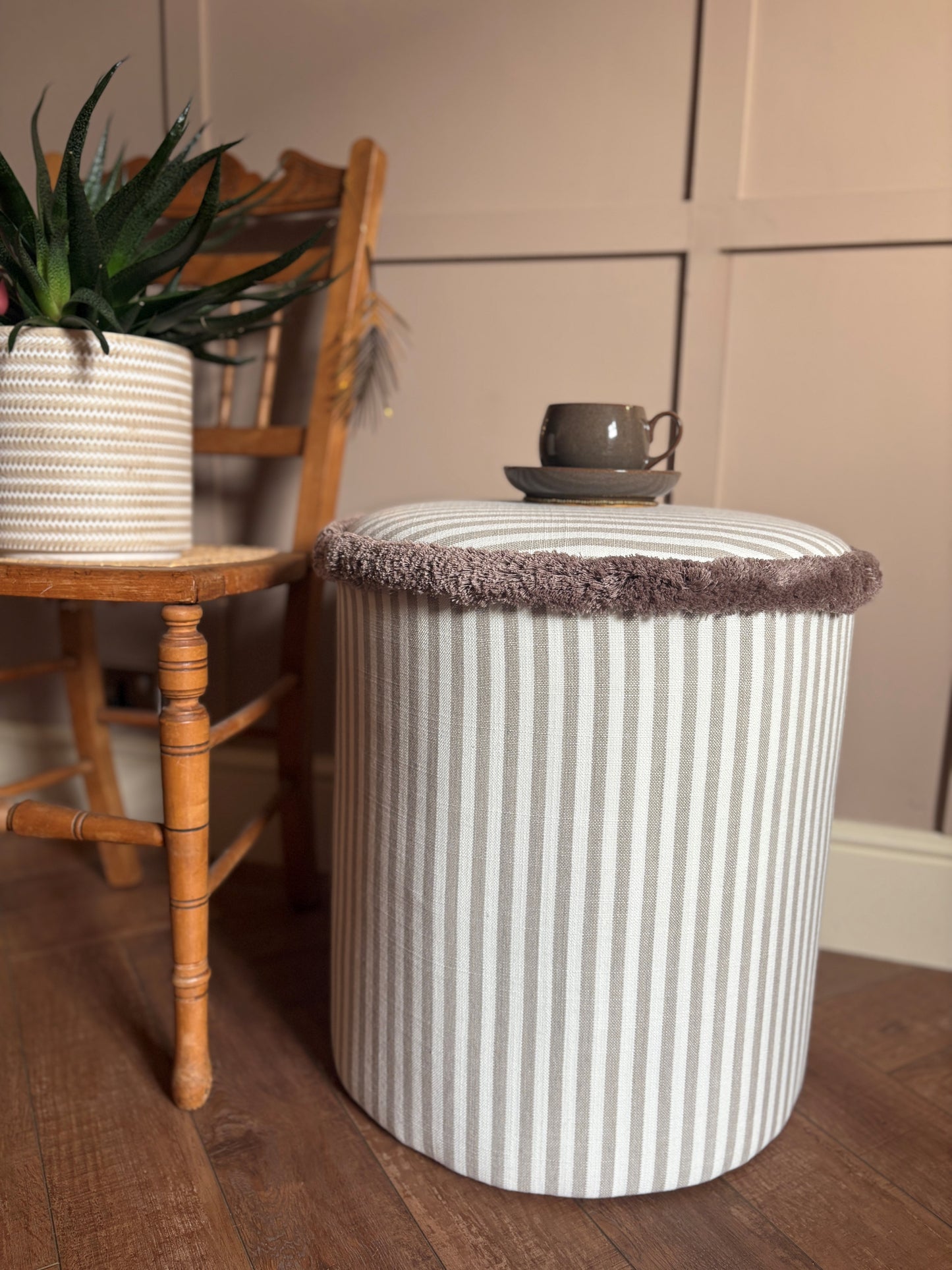 Taupe Classic Stripe Dressing Table Pouffe