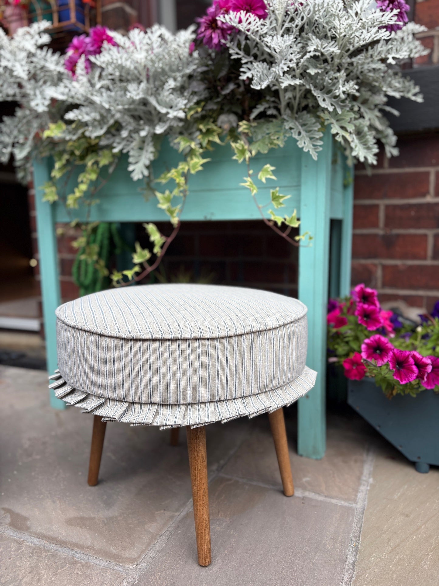 Round footstool with Co-ordinating Frill Detail - Blue Ticking Stripe