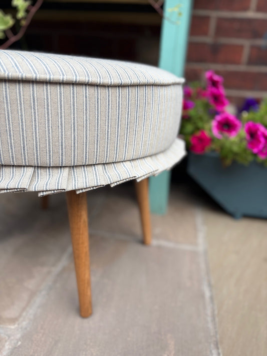 Round footstool with Co-ordinating Frill Detail - Blue Ticking Stripe