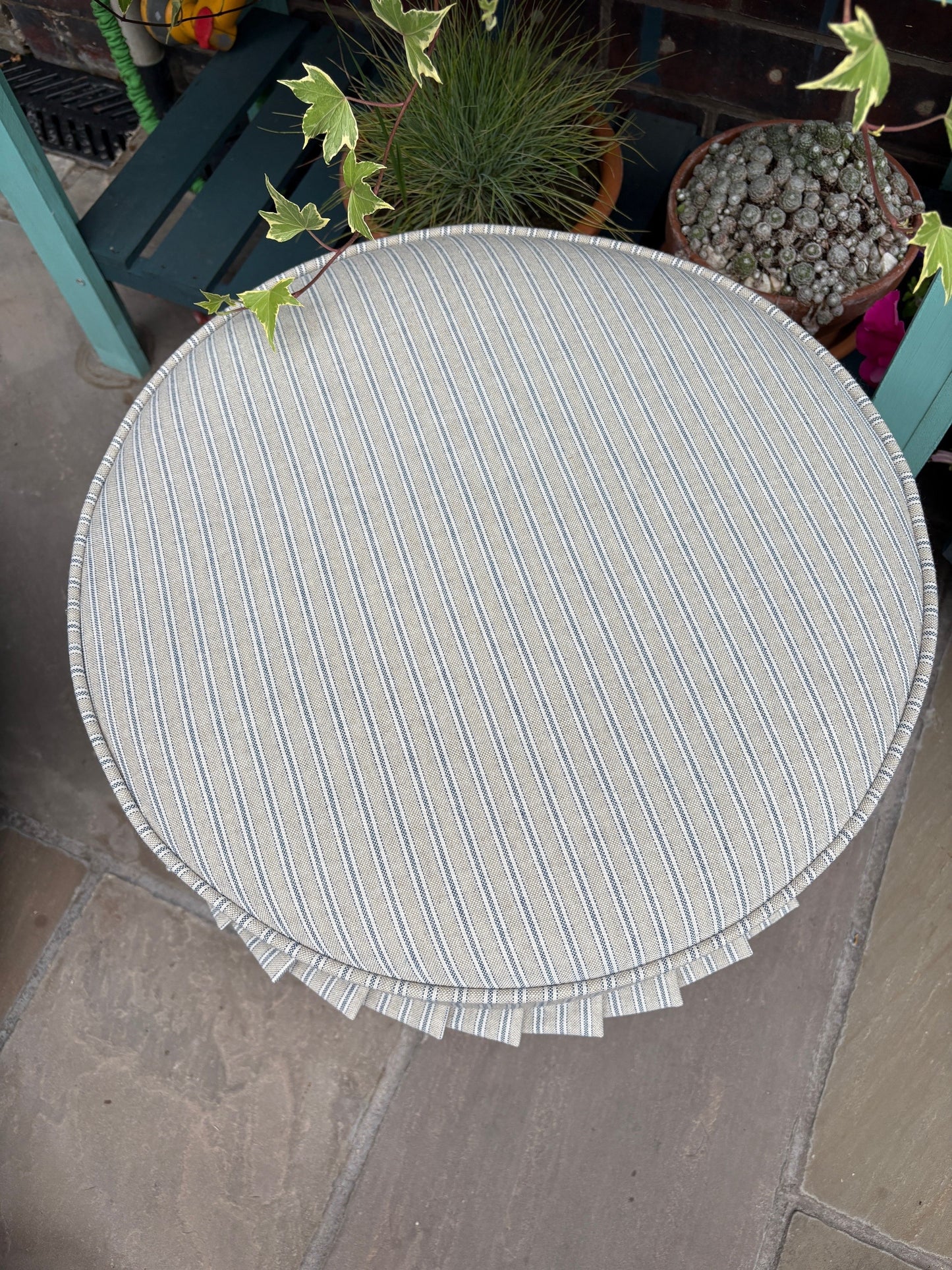 Round footstool with Co-ordinating Frill Detail - Blue Ticking Stripe