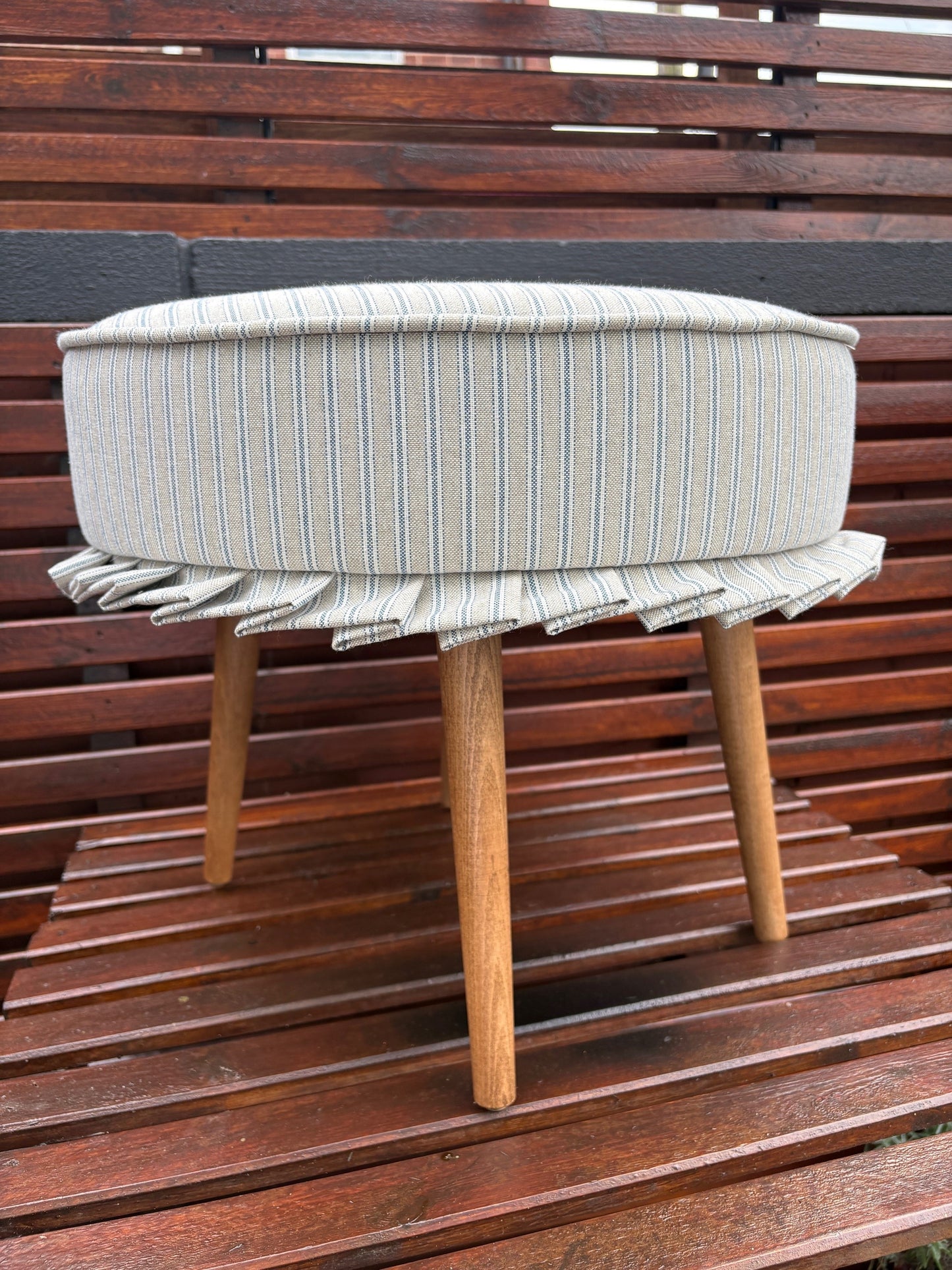 Round footstool with Co-ordinating Frill Detail - Blue Ticking Stripe