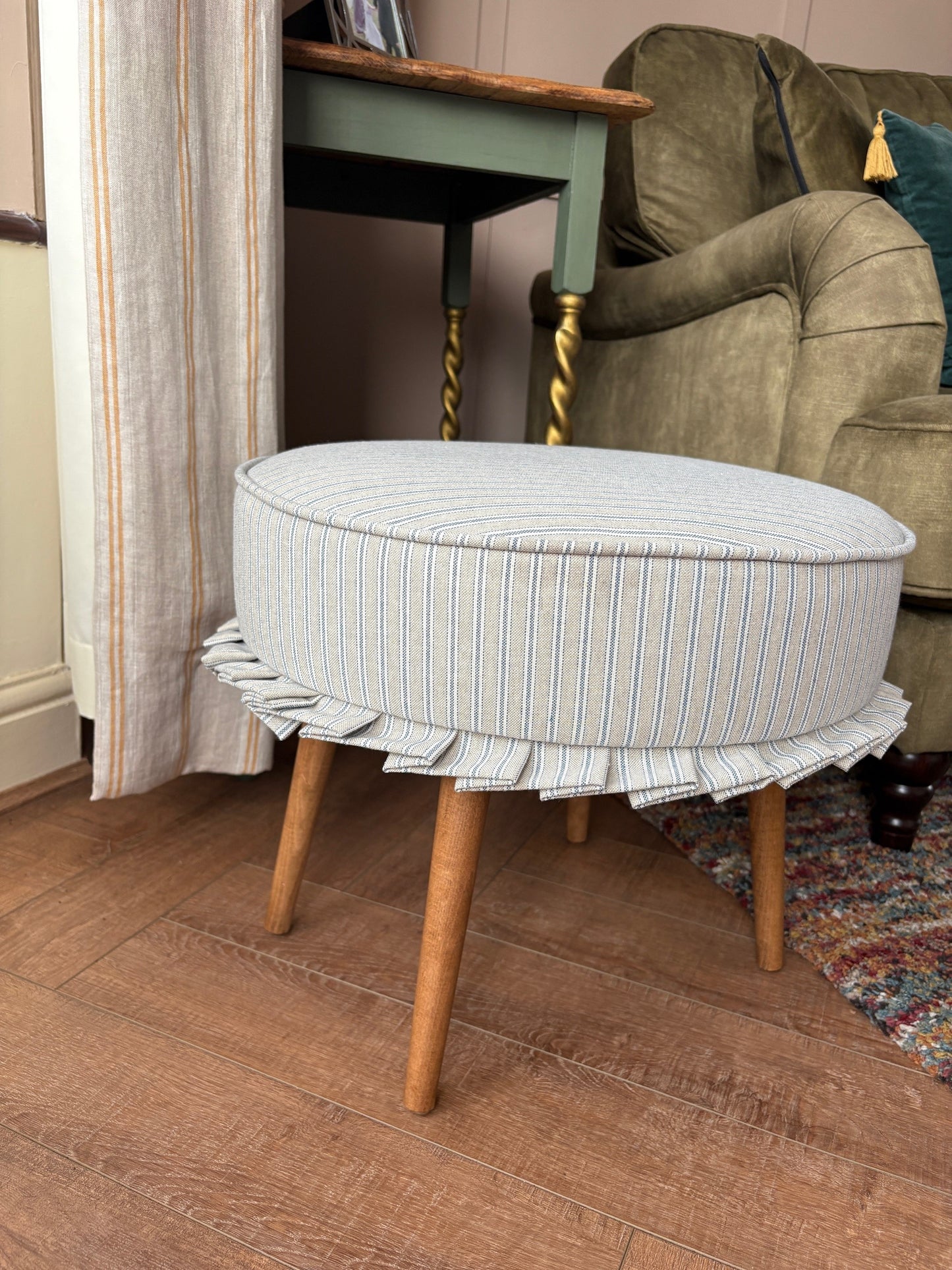 Round footstool with Co-ordinating Frill Detail - Blue Ticking Stripe