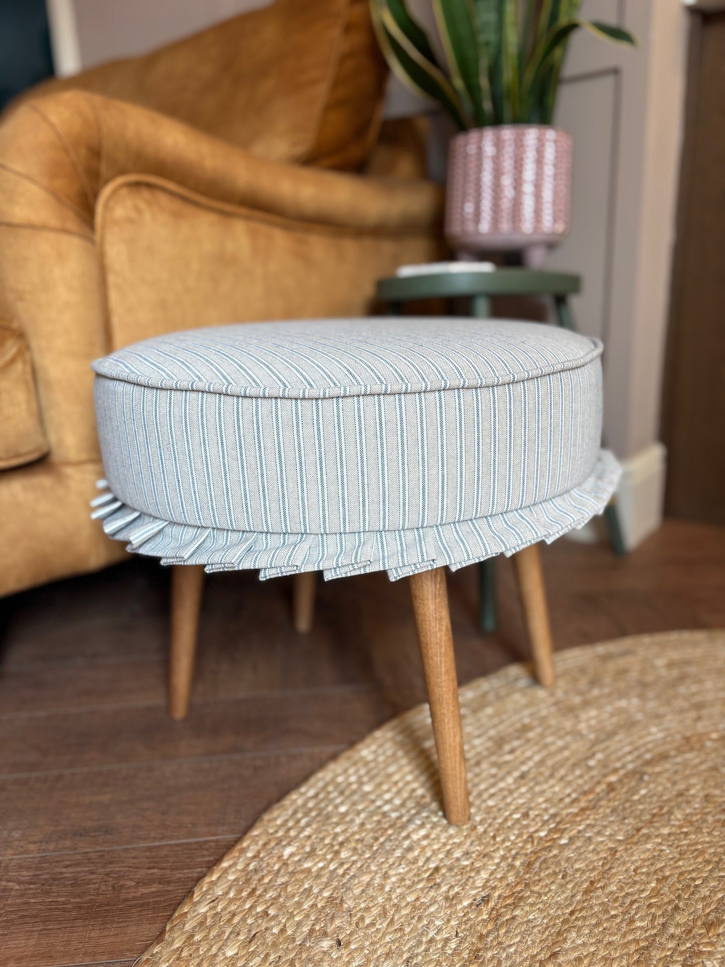 Round footstool with Co-ordinating Frill Detail - Blue Ticking Stripe