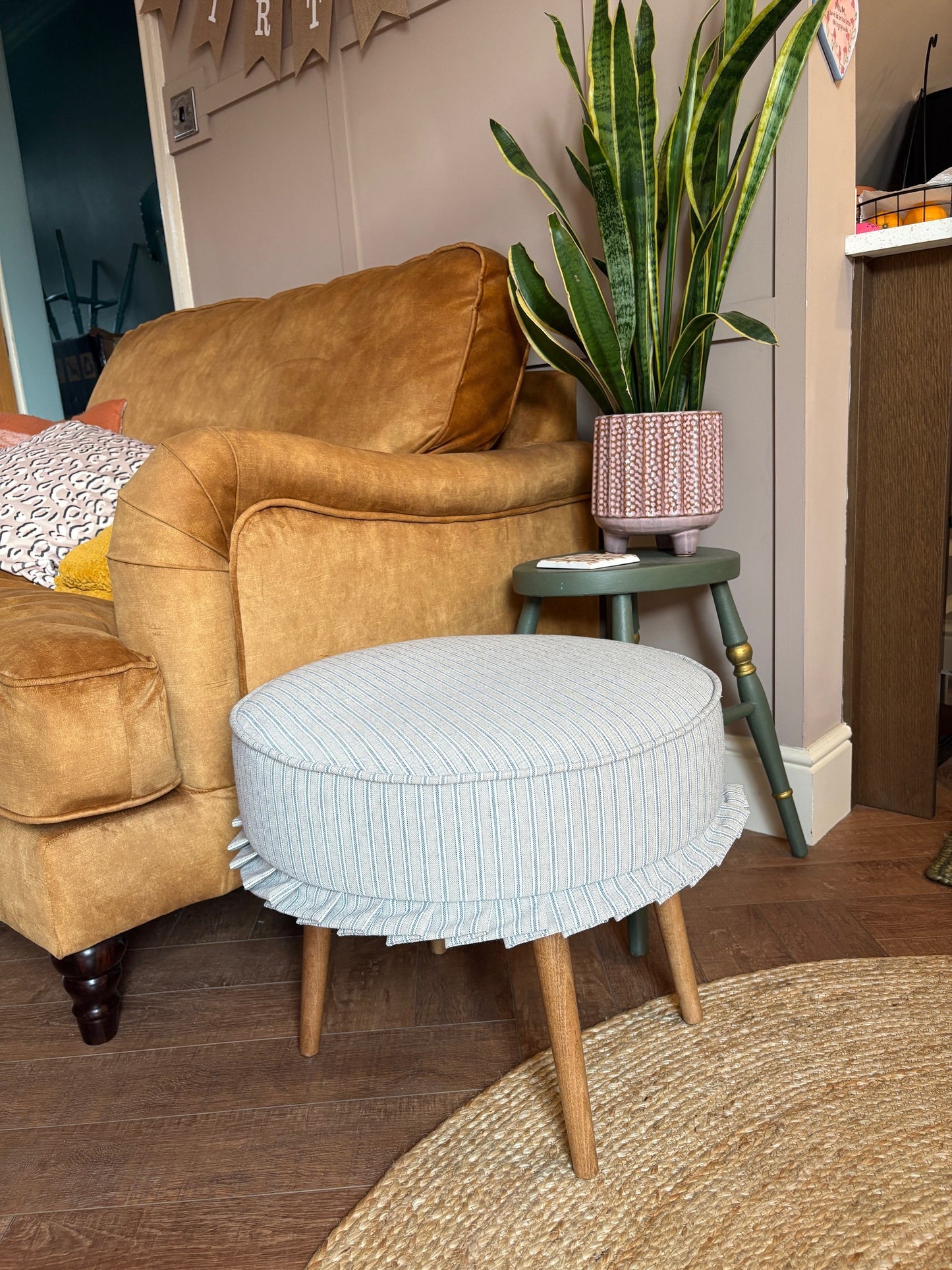 Round footstool with Co-ordinating Frill Detail - Blue Ticking Stripe