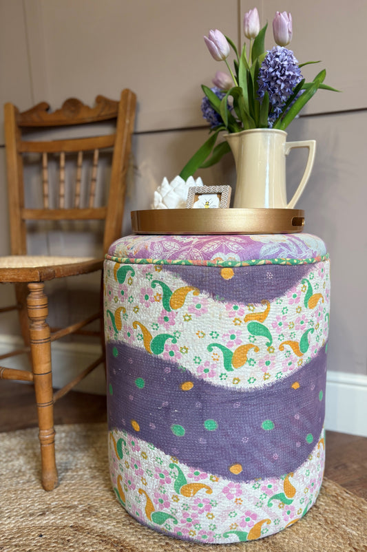 Dressing Table Pouffe upholstered in one-of-a-kind Vintage Kantha Quilt