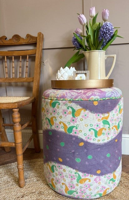 Dressing Table Pouffe upholstered in one-of-a-kind Vintage Kantha Quilt