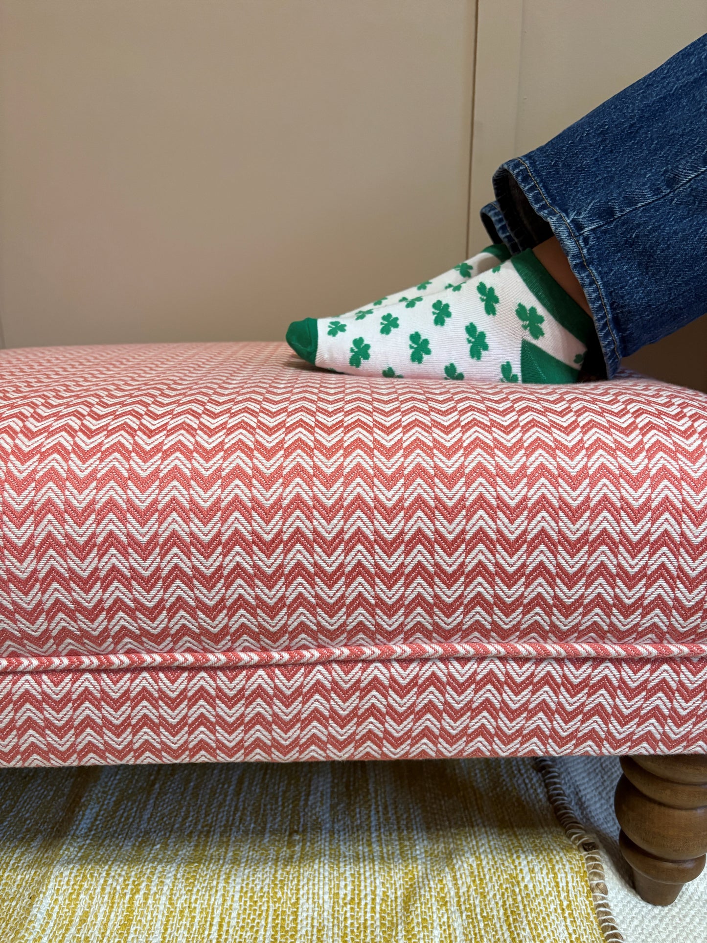 Stylish Handcrafted Footstool in Sanderson Herringbone - Coral