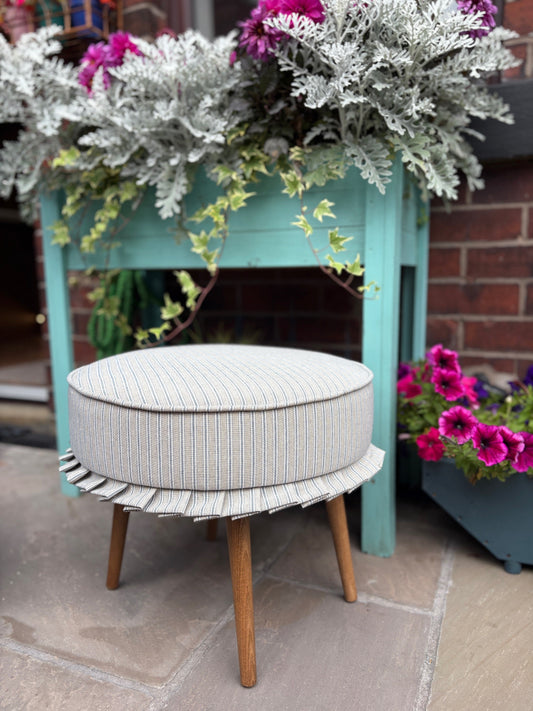 Round footstool with Co-ordinating Frill Detail - Blue Ticking Stripe