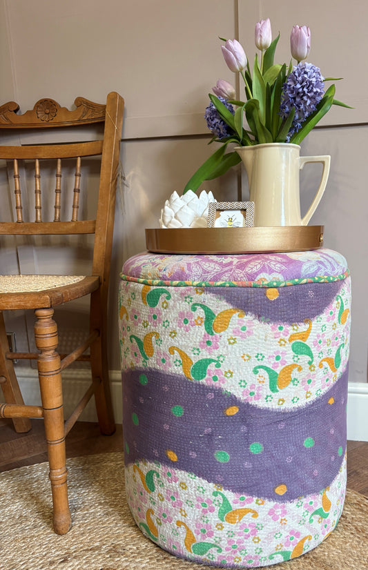 Dressing Table Pouffe upholstered in one-of-a-kind Vintage Kantha Quilt
