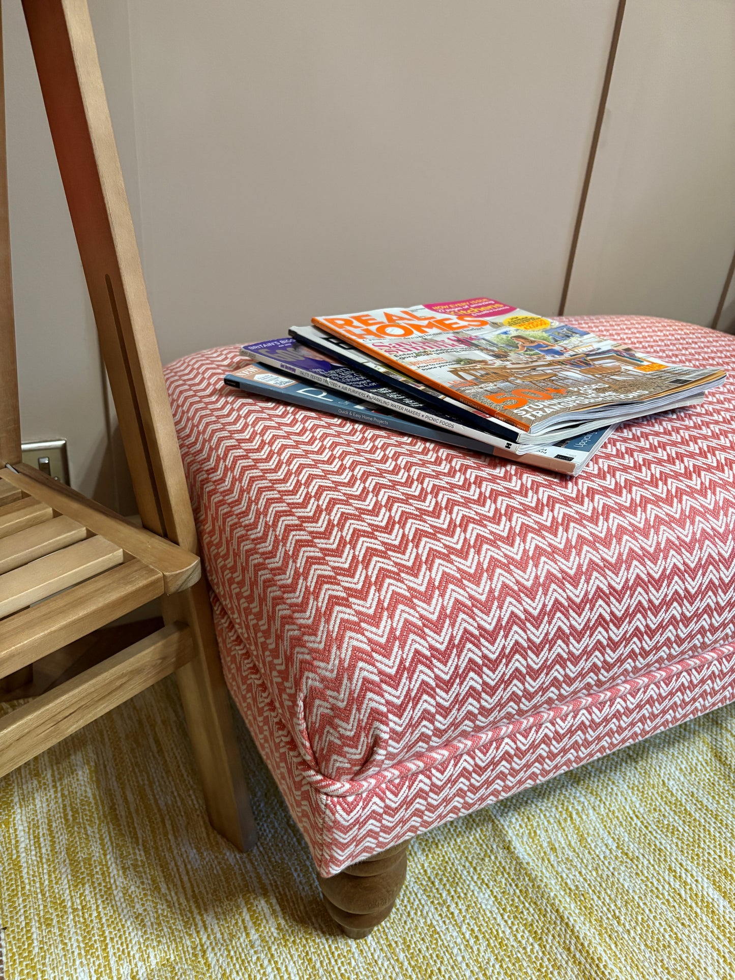 Stylish Handcrafted Footstool in Sanderson Herringbone - Coral