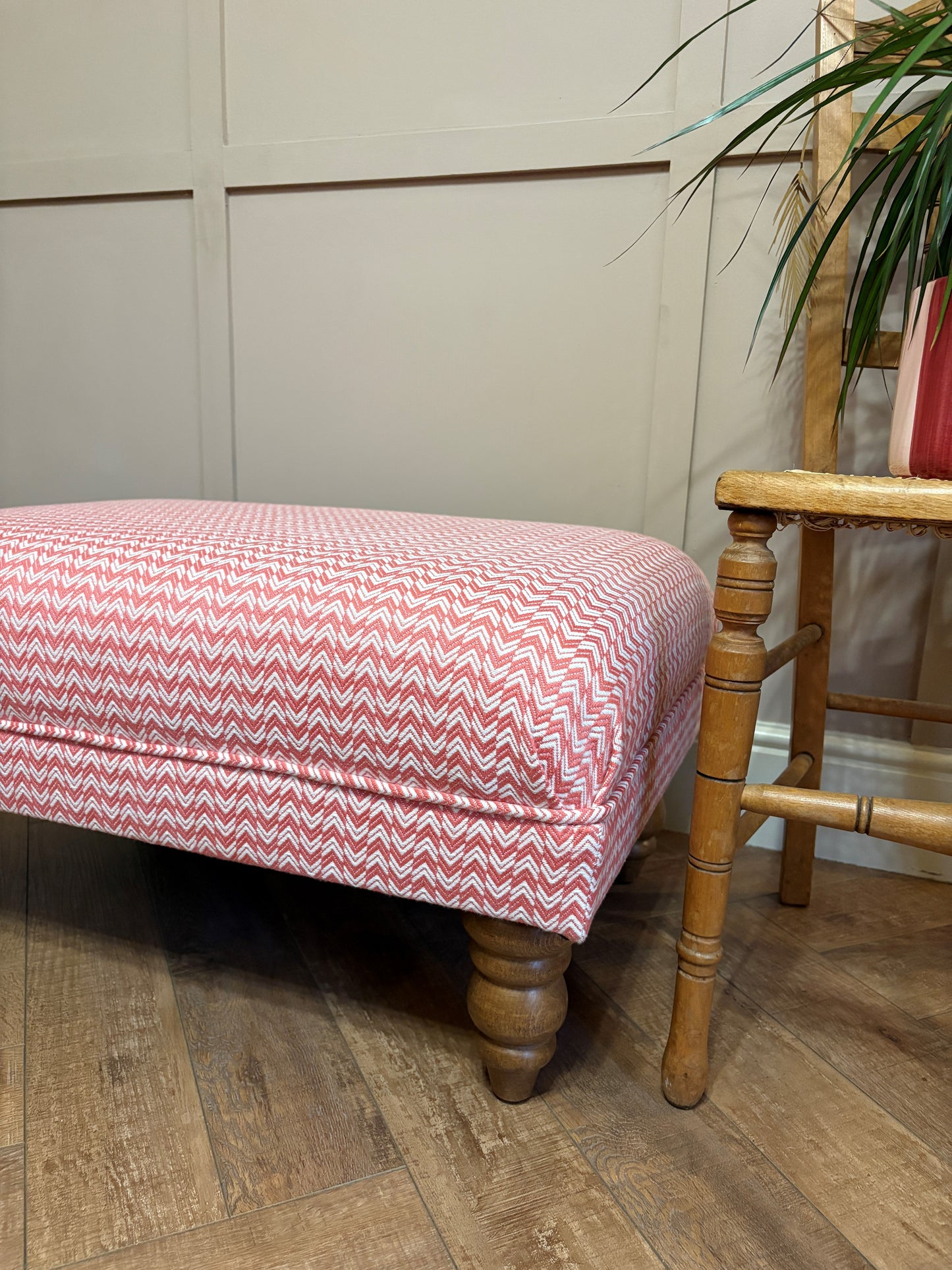 Stylish Handcrafted Footstool in Sanderson Herringbone - Coral