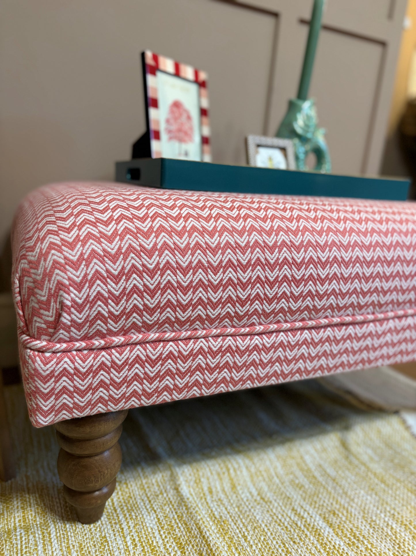 Stylish Handcrafted Footstool in Sanderson Herringbone - Coral