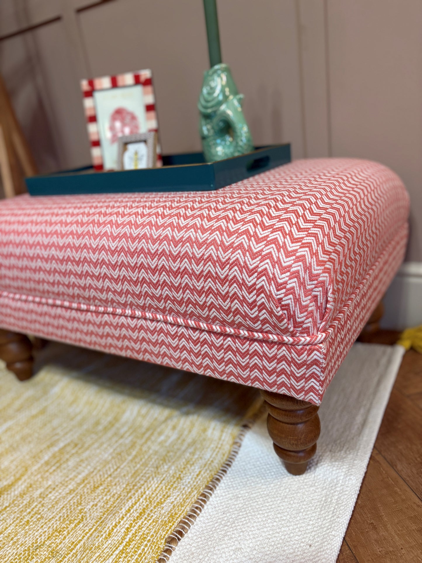 Stylish Handcrafted Footstool in Sanderson Herringbone - Coral